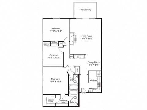 Floor plan for 3 beds, 2 baths, 1200 sqft